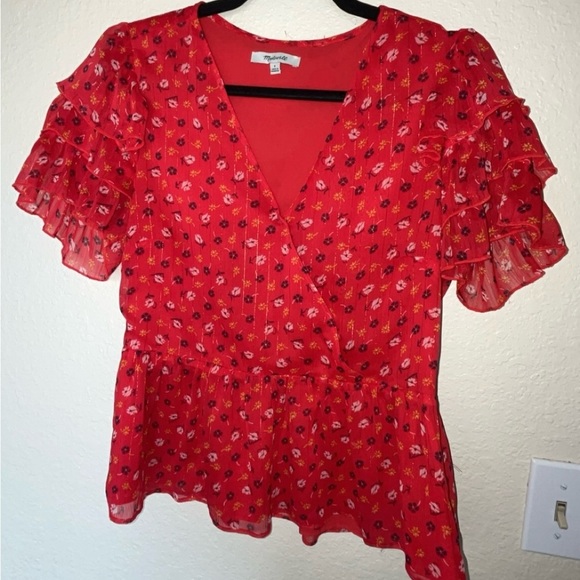 NWOT Madewell Tiered Sleeve Red Peplum Top In Metallic Prairie Posies SIZE 6 - Picture 5 of 12